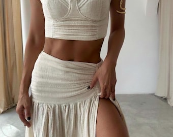 Boho Organic Cotton Two Piece Set: High Slit Skirt and Top,Goddess Gown