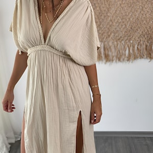 Cotton Gauze Maxi Dress: Boho Wedding, Beach Goddess, High Slit