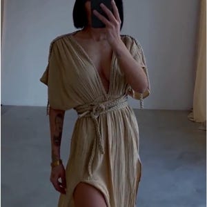 Knit Boho Dress: Organic Cotton Deep V-Neck Slit Summer Dress