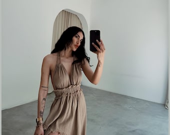 Asymmetric Organic Cotton Goddess Dress: High Slit Grecian Wedding Gown