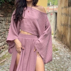 Doppelter Schlitzrock-Set, Maxi-Rock, Boho-Badeanzug-Vertuschung, Baumwolloberteil, Hippie, zweiteiliges Set, Rave, Strand Boho, Göttinnenkleid, İbiza Kleid
