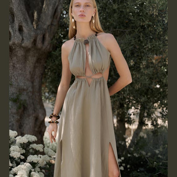 cut out linen maxi dress Floral Cut out Tiered Cotton Linen Maxi Dress SMALL