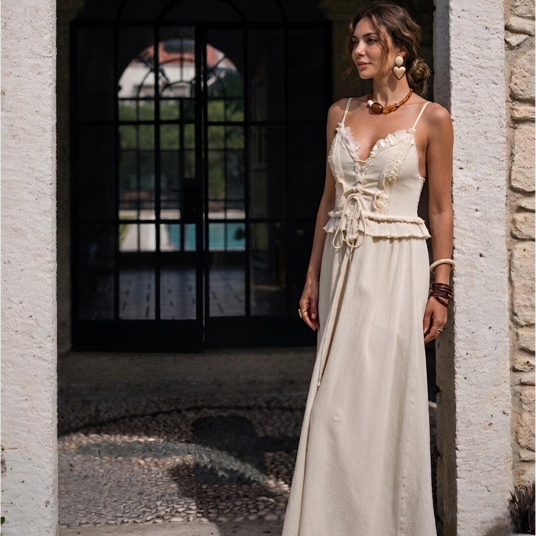 Handmade 100% Cotton Corset Maxi Dress, Boho Lace-up Bodice Summer Beach Resort Wear