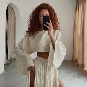 Boho Organic Cotton Two Piece Set: High Slit Skirt & Top,Bustier Suit,Festival