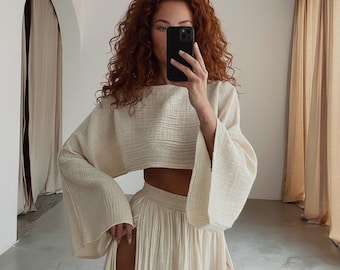 Boho Organic Cotton Two Piece Set: High Slit Skirt & Top,Bustier Suit,Festival