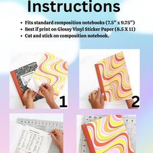 May include: Step-by-step instructions for applying a colorful, wavy-patterned sticker to a composition notebook. The image shows the process, including cutting and sticking the sticker. The text reads "Instructions" and "Calvary Street Keepsakes".