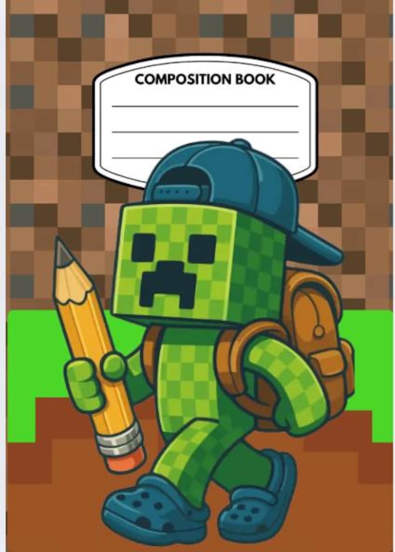 May include: A green, pixelated character wearing a blue cap and backpack, holding a large yellow pencil with an orange eraser. The character is walking, wearing blue clogs. The image is on a composition book with the words "COMPOSITION BOOK".