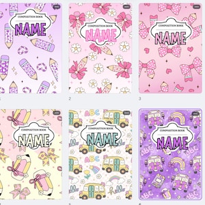 May include: Six composition notebooks with colorful designs. Each notebook features a white label with "COMPOSITION BOOK" and "NAME" in a playful font. The covers showcase patterns of pencils, bows, daisies, school buses, and rainbows.