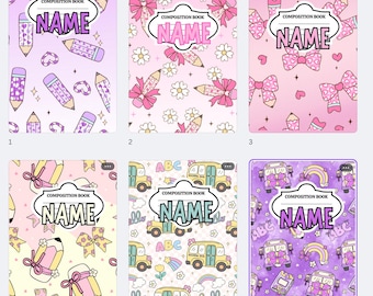 Portada para cuaderno de composición con tema escolar, niña bonita, útiles rosas, descarga digital - Canva PRO editable