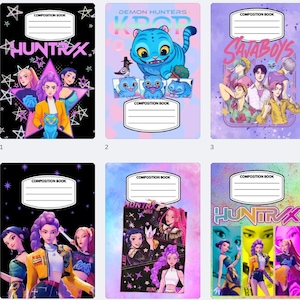 May include: A collection of six rectangular composition books featuring various graphic designs, including anime-style characters, a blue cat creature, and the text "HUNTRIX", "DEMON HUNTERS K-POP", and "SAJABOYS" with white name labels.