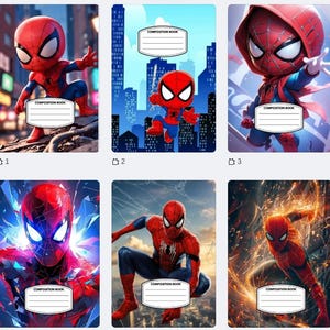 Peut inclure: Ensemble de six cahiers de composition avec des illustrations de Spider-Man. Chaque cahier présente un design différent de Spider-Man dans diverses poses et environnements. Les cahiers ont une étiquette blanche avec "COMPOSITION BOOK".