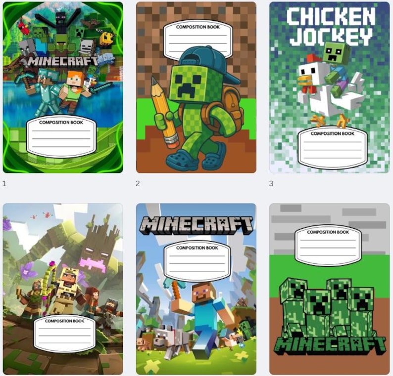 May include: A collection of composition notebooks featuring Minecraft and Chicken Jockey designs. Each notebook has a white label for the owner's name and the words "Composition Book". The covers display colorful illustrations of characters and scenes from the popular video games.
