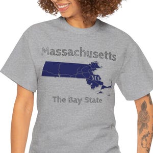Massachusetts Map Tee, Navy Blue Map Unisex Heavy Cotton T-Shirt, Interstate Highways Shirt, Geography Gift, Map Lover Gift, Road Trip Tee