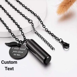 Personalized Human Pet Cylinder Urn Necklace; Stainless Steel Unisex Pendant w/Wings, Ashes Cremation Jewelry; Cremains Urn jewelry necklace