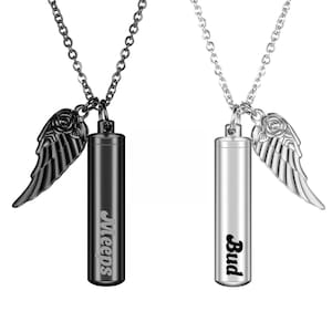 Personalized Human Pet Cylinder Urn Necklace; Stainless Steel Unisex Pendant w/Wings, Ashes Cremation Jewelry; Cremains Urn jewelry necklace