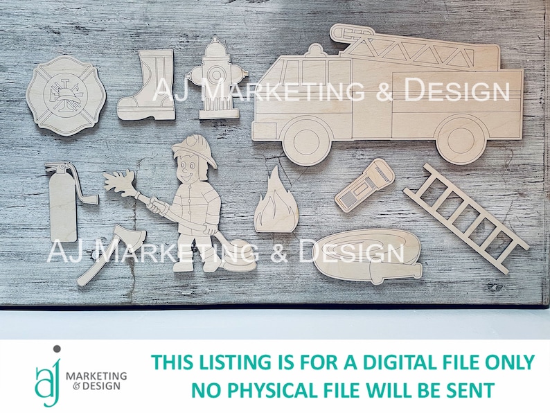 May include: A collection of unpainted wooden cutouts depicting firefighting equipment and a firefighter. Includes a fire engine, helmet, boots, and other related items. The image text reads: "THIS LISTING IS FOR A DIGITAL FILE ONLY NO PHYSICAL FILE WILL BE SENT."