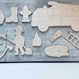 May include: A set of wooden cutouts for a fire fighter themed craft project. The set includes a fire truck, a fire hydrant, a fireman, a ladder, a fire hose, a flashlight, a fire axe, and a fire emblem.