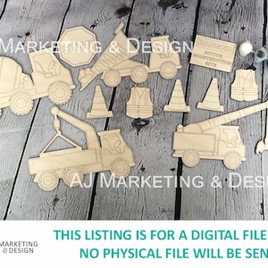 Op de afbeelding: Houten knutselset met verschillende bouwvoertuigen, waaronder een betonmixer, een kiepwagen, een kraan en een sleepwagen. De set bevat ook verkeerskegels, een stopbord, een veiligheidsvest en verf.