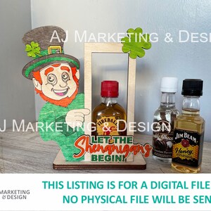DIGITAL FILE St Patrick&#39;s Day Shenanigans Alcohol Holder | Glowforge | Omtech | Digital Laser Cut SVG File | Leprechaun | Irish | Shamrock