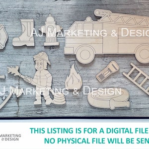 May include: A selection of laser-cut wooden shapes with a firefighter theme, including a fire engine, fire hydrant, boots, a firefighter, and flames. The text "AJ MARKETING & DESIGN" is visible. The listing is for a digital file only.