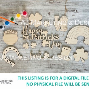 May include: A set of wooden cutouts for a St. Patrick's Day craft project. The cutouts include a pot of gold, a horseshoe, a shamrock, a rainbow, a leprechaun hat, and the words "Happy St. Patrick's Day".