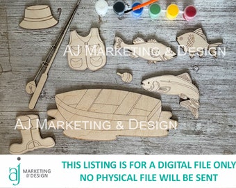 May include: A digital file for a wooden craft project featuring a fishing theme. The file includes a boat, fishing rod, fish, boots, a vest, and a hat. The text "THIS LISTING IS FOR A DIGITAL FILE ONLY NO PHYSICAL FILE WILL BE SENT" is included in the image.