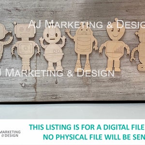 May include: Six wooden robot cutouts in various poses. The robots are all in a light brown color and have simple details. The cutouts are arranged in a row on a wooden surface. The text "AJ MARKETING & DESIGN" appears twice on the surface.