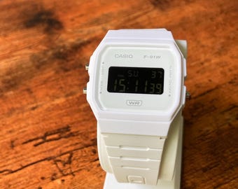 White Casio F91W Custom | Negative Display Digital Watch | Lumed Background Mod | Retro Aesthetic Timepiece | Gift for Him/Her
