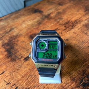 Custom Gold Casio AE1200 Watch | Green Topographic Screen Mod/ negative display