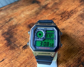Custom Gold Casio AE1200 Watch | Green Topographic Screen Mod/ negative display