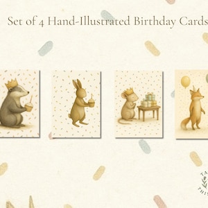 Set di biglietti di auguri di compleanno con animali del bosco - 4 biglietti A6 illustrati a mano - Tasso, Coniglio, Volpe, Topo - Interno vuoto. Whimsical Forest Stationery