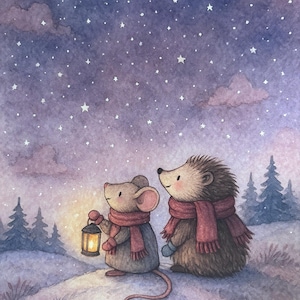 Woodland Animal Art Print - Mouse and Hedgehog Stargazing - A4 Winter Nursery Wall Art. Tale & Thistle Illustration