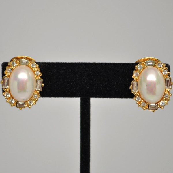 RESERVED Vintage Signed CHRISTIAN DIOR Faux Pearl and Rhinestone Clip On Earrings