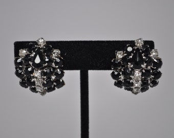 Vintage Jet and Crystal Rhinestone Art Deco Screw Back Earrings