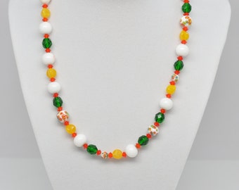 Vintage Glass Bead Necklace with Floral and Pressed Glass Beads