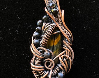 Copper Wire Wrap Pendant with Tiger Eye and Blue Tiger Eye