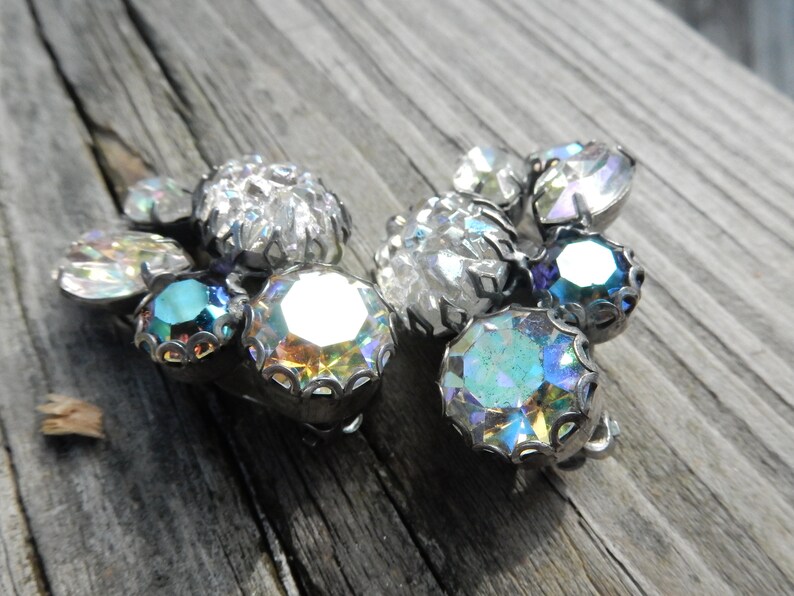Vintage Signed SCHIAPARELLI Crystal AB Mountain Top Lava Art Glass Clip On Earrings