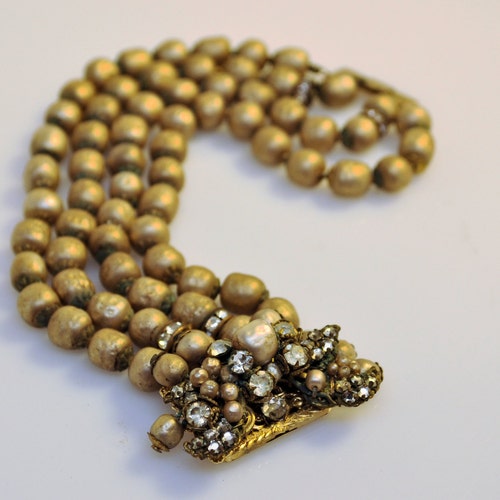 Vintage Signed DEMARIO Faux Pearl and Rhinestone Four Strand shops Bracelet