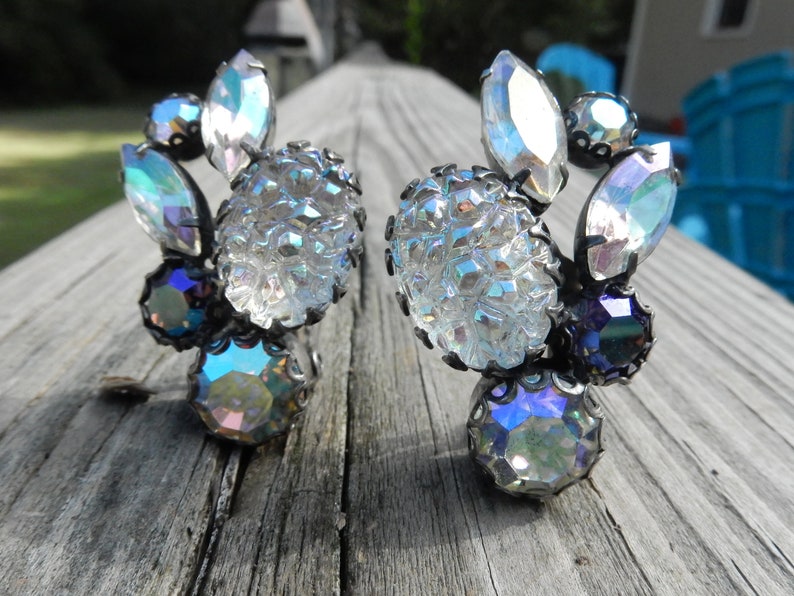 Vintage Signed SCHIAPARELLI Crystal AB Mountain Top Lava Art Glass Clip On Earrings