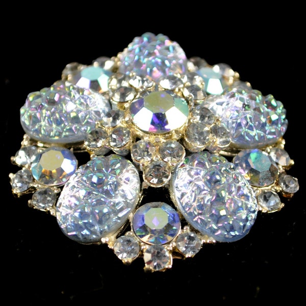 Vintage Signed  H. Pomerantz of NY Blue Molded Glass & Glacier Blue Rhinestone Brooch