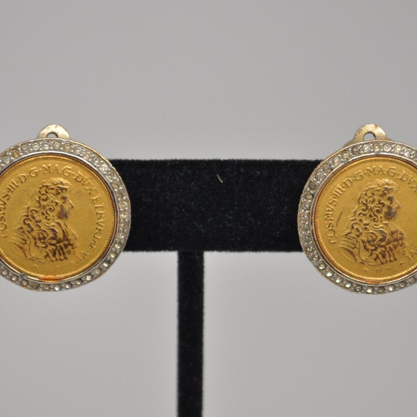 Vintage Signed NETTIE ROSENSTEIN Medici Coin Clip On Earrings with Rhinestone Accents