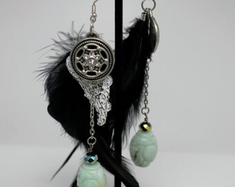 Feathered and Beaded Dangle Earrings--Fly By Night