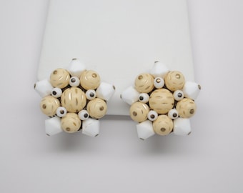 Vintage Signed ALICE CAVINESS Milk Glass Bicone and Beige Bead Clip On Earrings