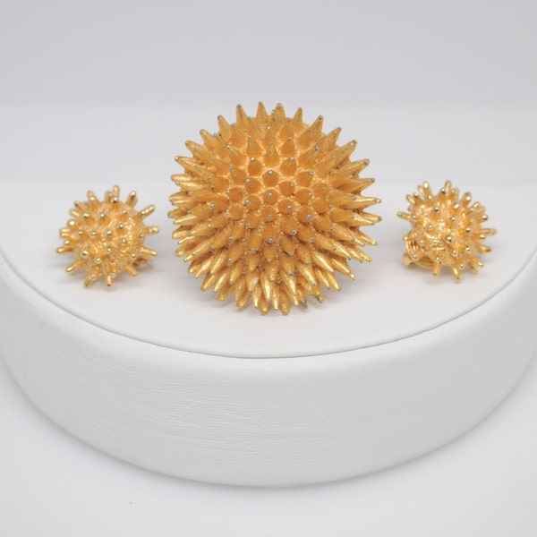 Vintage Signed DeNicola Sea Urchin Brooch and Castlecliff Sunburst Earrings (Coordinating)