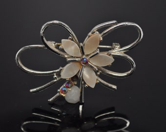 Vintage Signed AMERIQUE Silvertone Thermoset and Siam AB Rhinestone Bow Brooch