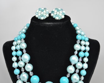 Vintage Signed JAPAN Powder Blue Triple Strand Necklace with Matching Cluster Earrings