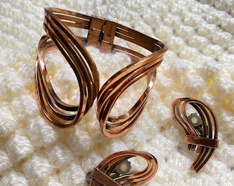 Vintage Signed RENOIR Copper Clamp Bracelet and Clip On Earrings Set