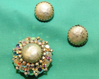 WEISS Vintage Signed Brooch with Crystal AB Chatons and Baroque Pearl w/ Matching Earrings