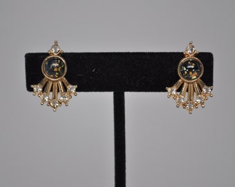 Vintage Speckled Jet Glass and Crystal Rhinestone Screw Back Earrings