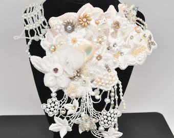 Bridal Bead Embroidery Statement Necklace Handmade OOAK - "Edelweiss"